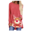 Women's festive red long sleeve Christmas tunic with a cute reindeer graphic print - S / Carmine
