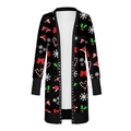 Close-up of black Christmas cardigan featuring festive prints and silver rivet detailing - S / Black Christmas Elements (a10)