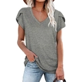Γυναικείο casual T-shirt με λαιμόκοψη V σε γκρι μελανζέ και λεπτομέρειες στα μανίκια - S / Γκρι