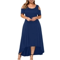 Detail of navy blue cold shoulder maxi dress with high-low hem and round neckline - XL / Blue