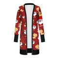 Detailed view of Christmas cardigan featuring Santa patterns and metal rivets on front - S / Bright Red Santa Reindeer (a11)