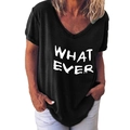 Dames zwart T-shirt met V-hals en witte 'WHAT EVER' tekstprint in handschrift - S / Zwart