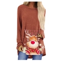 T-shirt femme ample à manches longues rouge rouille avec imprimé renne de Noël - S / Brun