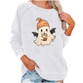 White Halloween sweatshirt featuring a cute ghost with bat wings and bubble tea - S / Tops / White (2008)