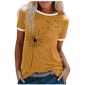 Women's yellow crew neck t-shirt with dandelion print and white contrast trim - 3XL / Tops / Yellow (Dandelion Pattern) (1026X)