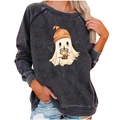 Women's Halloween raglan sweatshirt in washed dark grey featuring a cute ghost graphic - S / Tops / Dark Gray (2008)