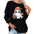 Women's black Halloween sweatshirt featuring cute ghost and pumpkin graphic print - S / Tops / Black (2009)