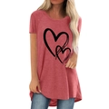 Coral pink t-shirt with black heart prints, round neck casual loose fit short sleeve top - S / Pink