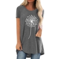 T-shirt lunga da donna grigia con stampa a dente di leone e scollo rotondo - S / Grigio