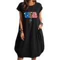 Detail of loose black cotton linen dress featuring USA flag leopard print and side pockets - S / Black