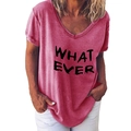 T-shirt femme col V à manches courtes rose poudré avec imprimé noir WHAT EVER - S / Rose rouge