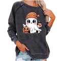 Women's grey Halloween sweatshirt with white ghost, pumpkin, and coffee cup cartoon print - S / Tops / Dark Gray (2009)