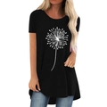 T-shirt nera da donna con stampa tarassaco, girocollo e orlo asimmetrico moderno - S / Nero