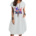 Casual white cotton linen loose dress with American flag gnome print and large side pockets - S / White
