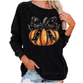 Women's black Halloween sweatshirt with pumpkin and gold star bow graphic print - S / Top (Pumpkin Bow Print-2010) / Black
