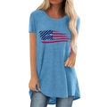 T-shirt long bleu clair pour femme avec imprimé drapeau américain et ourlet arrondi - S / Bleu