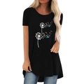 Γυναικείο μαύρο T-shirt με τύπωμα πικραλίδα και πεταλούδες, σε μεσαίο μήκος - S / Μαύρο