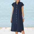 Navy blue cotton linen shirt dress with stand collar and single-breasted white buttons - Navy Blue