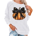 Women's white crewneck sweatshirt with Halloween pumpkin print and ribbed cuffs - S / Top (Pumpkin Bow Print-2010) / White