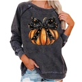 Women's dark gray Halloween sweatshirt featuring a pumpkin and bow graphic print - S / Top (Pumpkin Bow Print-2010) / Dark Gray