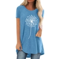 T-shirt décontracté bleu poudré pour femme avec motif pissenlit et coupe asymétrique - S / Bleu