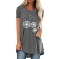 Women's dark grey dandelion print T-shirt with crew neck and high-low curved hemline - S / Gray
