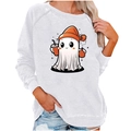 Women's white raglan sleeve sweatshirt with Halloween cartoon ghost print - S / Top (Ghost Print-2011) / White