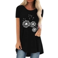 Women's black casual round neck T-shirt featuring a white dandelion artistic print - S / Black