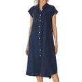 Robe chemise midi pour femme en coton et lin bleu marine avec boutons et poche - S / Bleu Marine