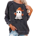 Women's charcoal grey sweatshirt featuring a cute Halloween ghost holding a pumpkin - S / Top (Ghost Print-2011) / Dark Gray