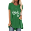 Women's grass green short sleeve t-shirt with white dandelion print and high-low hemline - S / Green