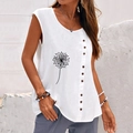 Gilet da donna bianco in cotone e lino con stampa a dente di leone e bottoni laterali - S / Bianco