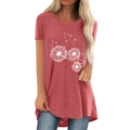 Women's crew neck dandelion print T-shirt in dusty rose pink with curved hem - S / Pink