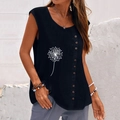 Top senza maniche in cotone e lino da donna con stampa soffione e bottoni laterali - S / Blu Notte