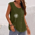 Canotta vintage donna in lino verde scuro con stampa a dente di leone e bottoni in legno - S / Verde Militare
