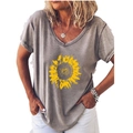 Damen V-Ausschnitt T-Shirt mit Sonnenblumenmuster in Vintage-Grau, Boho-Stil - S / Grau