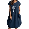 Women's dark blue cotton linen dress with white dandelion print and handy side pockets - S / Navy Blue