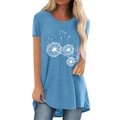 Light blue women's short sleeve T-shirt with white dandelion print and high-low hem - S / Blue