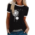 Detailansicht eines Damen T-Shirts mit Pusteblumen-Druck und kontrastierendem Rundhalsausschnitt - S / Schwarz