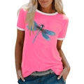 T-shirt rose pour femme avec imprimé libellule et col rond blanc contrasté élégant - S / Rose