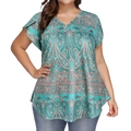 Plus size V-neck t-shirt with teal paisley and floral patterns for a casual boho look - Green Floral