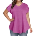 Plus size women's V-neck T-shirt in purple featuring petal short sleeves and loose fit - Rose Red