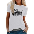 Detail of white cotton T-shirt featuring a unique black fishbone graphic print - S / White
