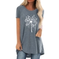 Damen Freizeit-T-Shirt in Dunkelgrau mit Löwenzahn-Print und geschwungenem Saum - S / Grau