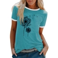 T-shirt bleu sarcelle à manches courtes, imprimé pissenlit et bordures blanches - S / Bleu