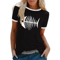 Close-up of contrast white trim collar and fishbone print on black t-shirt - S / Black