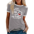 Dettaglio della stampa a bicchiere di vino e bordi a contrasto sulla t-shirt grigia - S / Grigio