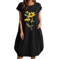 Detail von Sonnenblumen-Print auf schwarzem Baumwoll-Leinenkleid mit praktischen Taschen - S / Schwarz