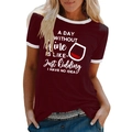 Women burgundy ringer t-shirt with wine glass print and contrast crew neck - S / Burgundy
