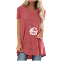 Detailansicht des ziegelroten Damen-T-Shirts mit Pusteblumen-Druck und gewölbtem Saum - S / Rosa